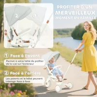 AIYAPLAY Tricycle bébé évolutif 5 en 1, tricycle enfant pliable avec poignée réglable, capote amovible, pour 1-3 ans, crème(m-6)