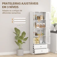 HOMCOM Armário de Cozinha Alto Móvel Auxiliar de Cozinha com 4 Portas de Vidro 2 Gavetas Prateleiras Ajustáveis 59x30x170 cm, Branco(m-5)