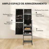 HOMCOM Espelho Joalheiro com Luzes LED Armário para Joias com Ângulo Ajustável  Prateleiras Ranuras para Anéis 36x30x136 cm Cinzento(m-4)