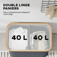 HOMCOM Panier à linge double pliable 80 L corbeille à linge sale avec couvercle, poignées rainurées, gris(m-4)