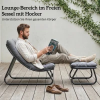Outsunny Loungesessel Outdoor Balkonsessel mit Hocker 13 cm dicker Auflage rutschfesten Füßen Dunkelgrau(m-4)