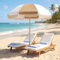 Outsunny Parasol de plage 1,7 m, parasol de jardin inclinable avec ancrage au sable, franges et hauteur réglable, blanc et beige(m-10)