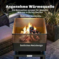 Outsunny Feuerschale 39 x 39 x 87 cm Feuerstelle mit Holzlager Kohlegitter verstellbaren Füßen, Schwarz(m-6)