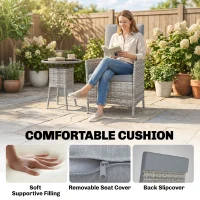 Outsunny Rattan Bistro Set, Reclining Garden Chairs and Glass Coffee Table with Cushions for Patio Balcony Porch, Light Grey(m-6)