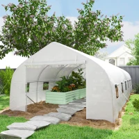 Outsunny Serre de jardin tunnel grande taille avec bâche PE cadre en acier porte enroulable et 12 fenêtres 8 x 3 x 2 m blanc(m-10)