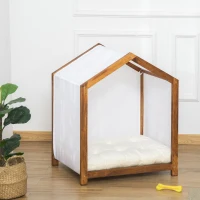 PawHut Niche d'intérieur pour chien en bois et tissu style cabane scandinave avec coussin moelleux(m-10)
