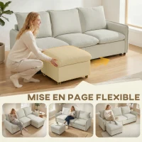 HOMCOM Canapé 3 places avec pouf de rangement, canapé d'angle modulable 212 cm, coussins à ressorts, tissu en lin, crème(m-5)