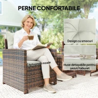 Outsunny Set de Mobilier de Grădină din Rattan 5 Piese, Set de Mobilier Exterior cu 2 Suporturi pentru Picioare, 2 Fotolii, Masă de Cafea cu 2 Niveluri, Perne, pentru Balcon, Terasă, Patio, Maro/Crem(m-7)