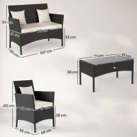 Outsunny Conjunto de Jardim de Vime Sintético com 2 Poltronas 1 Sofá de 2 Lugares 1 Mesa de Centro e Almofadas Preto e Branco(m-3)