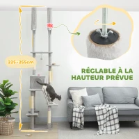 PawHut Arbre à chat du sol au plafond griffoir pour chat hauteur réglable 225-255 cm 6 niveaux avec niche hamac gris clair(m-5)