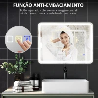 HOMCOM Espelho de Casa de Banho com Luz LED 80x60 cm Bluetooth 3 Cores de Luz Relógio Digital Função Antiembaciamento Memória Prata(m-6)