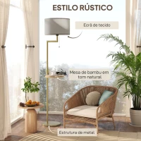 HOMCOM Candeeiro de Pé com Mesa Auxiliar Lâmpada E27 Máx. 40W Ecrã de Linho Interruptor de Corrente e Carregador USB Ø40x170 cm Dourado(m-4)