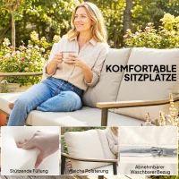 Outsunny Gartensofa 3-Sitzer Rattan Loungesofa mit abnehmbar Kissen Holzoptik-Armlehnen Stahlrahmen Khaki(m-6)
