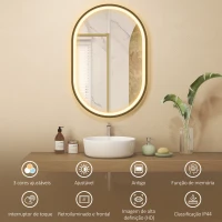 HOMCOM Espelho de Casa de Banho com Luz 60x90 cm Espelho de Parede Oval 3 Cores de Luz Brilho Regulável Função Antiembaçiamento Memória Preto(m-4)