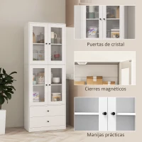 HOMCOM Alacena de Cocina Alta con 4 Puertas de Vidrio 2 Cajones Estantes Ajustables 59x30x170 cm Blanco(m-7)