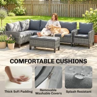 Outsunny 9 Seater Rattan Garden Furniture Corner Sofa Set, Outdoor Dining Set with Faux Wood Table, Ottoman, Cushions, Dark Grey(m-6)