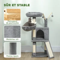 PawHut Arbre à chat tour de jeux pour chats griffoirs et tapis en sisal, plate-forme, niche, hamac, 40,5 x 40,5 x 103 cm, gris(m-6)
