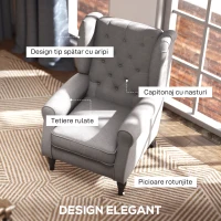Homcom Fotoliu Chesterfield in Tesatura Detasabila cu Sezuta Ampla Gri 74 x 86 102 cm(m-4)