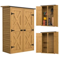 Outsunny Caseta de Jardín de Madera 115x53x156 cm Armario para Herramientas con Puertas Dobles y Estantes Techo Inclinado Marrón(m-11)