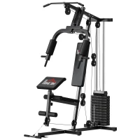 HOMCOM Máquina de Musculación con Pesas Ajustables de 65 kg Prensa de Pecho y Piernas Polea 135x103x210 cm Negro(m-1)