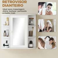HOMCOM Armário de Casa de Banho com Espelho, Armário de Parede com Porta, Prateleiras Abertas, Móvel Suspenso para Cozinha, Sala, 66x17x63 cm, Branco(m-5)