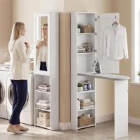 HOMCOM Mueble de Plancha con Espejo Tabla de Planchar Plegable 6 Compartimentos 2 Ganchos 107x35x174 cm Blanco(m-2)