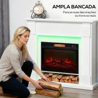 HOMCOM Lareira Elétrica com Efeito de Chama 3D e Tira de Luz LED RGB 1800W Temporizador  para 30 m² 105x27x97 cm Branca(m-5)