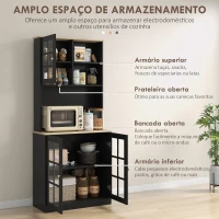 HOMCOM Armário de Cozinha com Prateleiras e Portas de Vidro  Armário Alto de Cozinha para Pequenos Eletrodomésticos e Louças 80x37x183 cm Preto(m-4)
