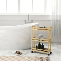 HOMCOM Raft de Baie din Bambus cu 3 Niveluri, Carucior Organizator cu Roți pentru Bucătărie, Baie, Living, 55 x 20 x 75 cm - Natural(m-9)
