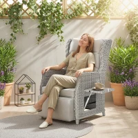 Outsunny Rattan Garden Recliner Chair, Reclining Garden Chair with Adjustable Back and Footrest, Flip Table, Cushion, Light Grey(m-2)