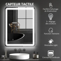 HOMCOM Miroir de salle de bain rectangulaire LED fonction anti-buée luminosité réglable fonction mémoire 70 x 90 cm argent(m-5)