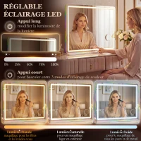 HOMCOM Miroir maquillage lumineux 80x60cm, miroir coiffeuse LED dimmable, lumière RGB, 3 températures de couleur, blanc(m-5)