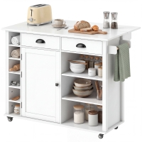 HOMCOM Îlot de cuisine sur roulettes plateau rabattable porte-épices porte-serviettes armoire 2 tiroirs 117,5x70x91 cm blanc