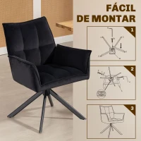 HOMCOM Conjunto de 2 Cadeiras de Refeição Giratórias 360° Estofado Estofamento em Veludo Pés em Aço 63x64x85 cm Preto(m-7)