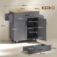 HOMCOM  Ilha de Cozinha com 1 Gaveta Suporte para Panos e Especies Carrinho Auxiliar com Rodas 105x36x85 cm Cinza(m-3)