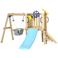 AIYAPLAY Balançoire et Toboggan d'Extérieur en Bois avec Volant Télescope pour Enfants de 18-48 Mois Bois Naturel(m-1)