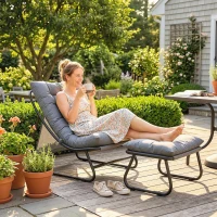 Outsunny Loungesessel Outdoor Balkonsessel mit Hocker 13 cm dicker Auflage rutschfesten Füßen Dunkelgrau(m-9)