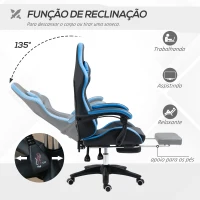 Vinsetto Cadeira Gaming Cadeira Gamer de Pele PU Reclinável 135° Apoio para a Cabeça e Apoio para os Pés 65x65x121-129 cm Preto e Azul(m-5)
