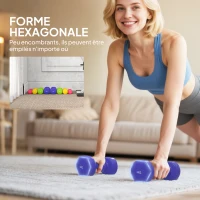 HOMCOM Ensemble d'haltères hexagonaux total 20 kg lot de 8 haltères courts de gym avec revêtement en polyuréthane multicolore(m-6)