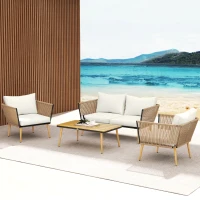 Outsunny Salon de Jardin en résine tressée 4 places avec 1 canapé 2 fauteuils et 1 table basse 7 coussins inclus crème(m-10)