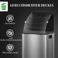 HOMCOM Mülleimer mit 2x30L Fächern, Soft-Close-Deckel, Fingerabdrucksicher, Edelstahl, Silber(m-6)