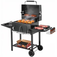 Outsunny Barbecue a Carvão com Bandeja Ajustável, Prateleiras Dobráveis, Rodas, Termómetro, Tampa, Chaminé, Ventilação e Cesto(m-10)