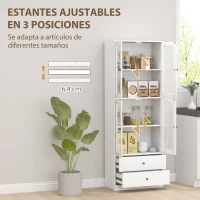 HOMCOM Alacena de Cocina Alta con 4 Puertas de Vidrio 2 Cajones Estantes Ajustables 59x30x170 cm Blanco(m-5)