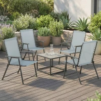 Outsunny Folding Garden Chairs Set of 4, Outdoor Dining Chairs with Wide Texteline Seat, High Back and Armrests, Light Grey(m-2)