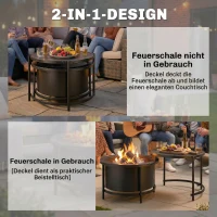 Outsunny Feuerschale 66 x 63 x 41 cm Rund Feuerstelle mit Grillrost Schürhaken Deckel Ständer Schwarz(m-5)