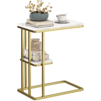 HOMCOM Mesa Auxiliar Estrutura em C Mesa Auxiliar Estreita de 2 Níveis com Prateleira 50x30x57,5 cm Branco Efeito Mármore(m-10)