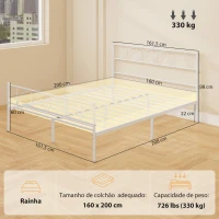 HOMCOM Cama de Casal com Cabeceira de Ripas de Aço e Espaço de Arrumação Debaixo da Cama Carga 330 kg 161,5x208x98 cm Branca(m-3)