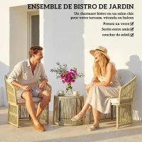Outsunny Salon de jardin extérieur en résine tressée 2 personnes, table de jardin extérieure avec 2 chaises avec coussins, crème(m-4)
