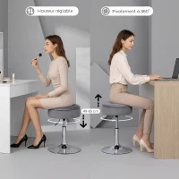 HOMCOM Tabouret de coiffeuse en velours, tabouret de maquillage pivotant avec rangement, hauteur réglable de 49-65 cm, gris(m-6)