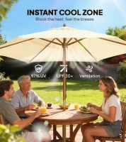 Outsunny 2.5m Wood Garden Parasol Sun Shade Patio Outdoor Wooden Umbrella Canopy, Table Market Umbrella with Vent, 38mm Pole, Rope Pulley Mechanism, Cream White(m-4)